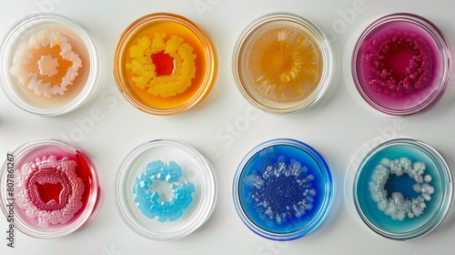 Top view of an artistic arrangement of bacterial cultures in petri dishes, displaying stunning organic patterns and vivid colors on a white background.