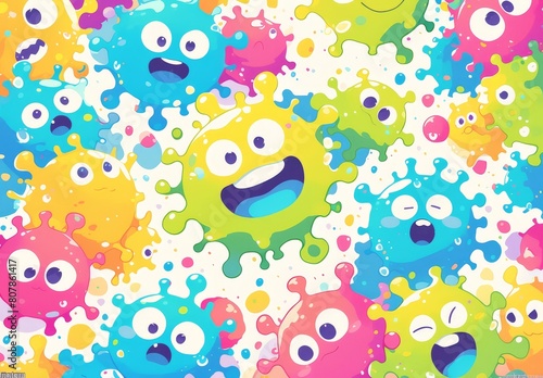 A group of colorful animated shapes resembling cute little virus cells with big eyes and mouths open in the middle of an interesting background.