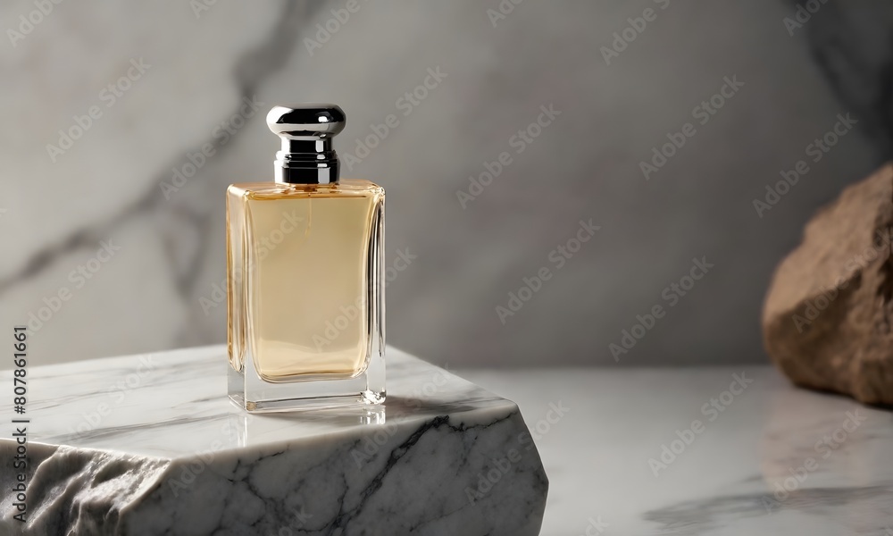 A bottle of perfume that is on a marble table A bottle of perfume that is on a marble table