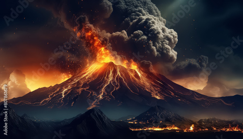 Volcano erupts with fire and smoke at night