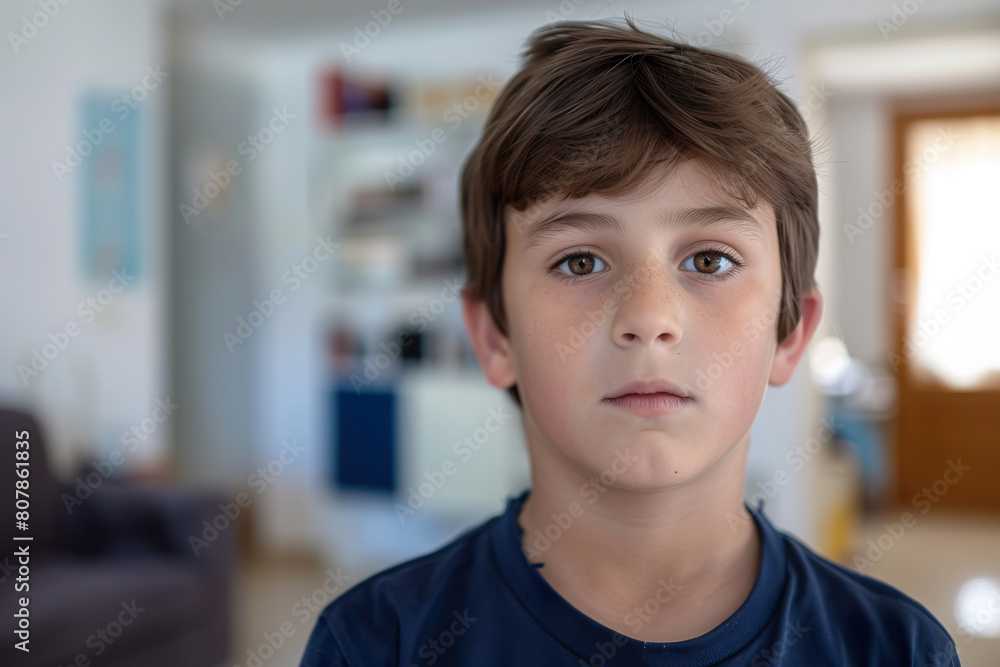Portrait of Pre-teen Boy Looking at Camera at Home with Blurred Background Portrait of Pre-teen Boy Looking at Camera at Home with Blurred Background