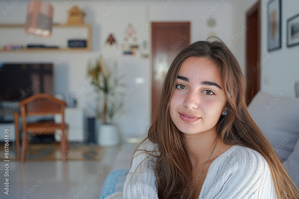 Young Girl in Home Environment Looking into Camera with Blurred Background Young Girl in Home Environment Looking into Camera with Blurred Background