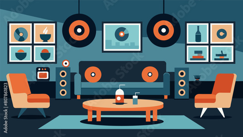 A sleek and modern lounge with minimalist design premium sound systems and a variety of seating options for guests to choose from while enjoying their Vector illustration