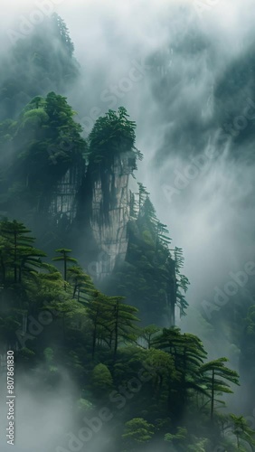 Majestic high rock shapes in fog, exterior view Zhangjiajie/Tianzi, Hunan, China