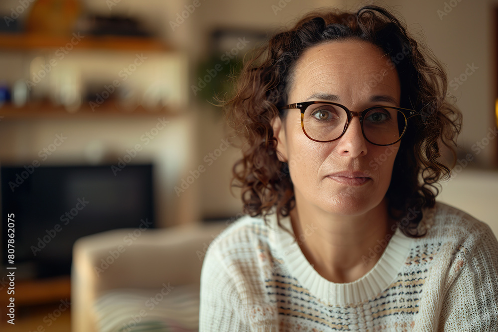 Portrait of Woman in Her Prime with Glasses Looking Directly at Camera in Blurry Home Background Portrait of Woman in Her Prime with Glasses Looking Directly at Camera in Blurry Home Background