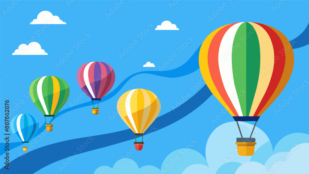 Across the clear blue sky hot air balloons race towards an imaginary finish line their colorful envelopes leaving trails of excitement in their wake.. Vector illustration