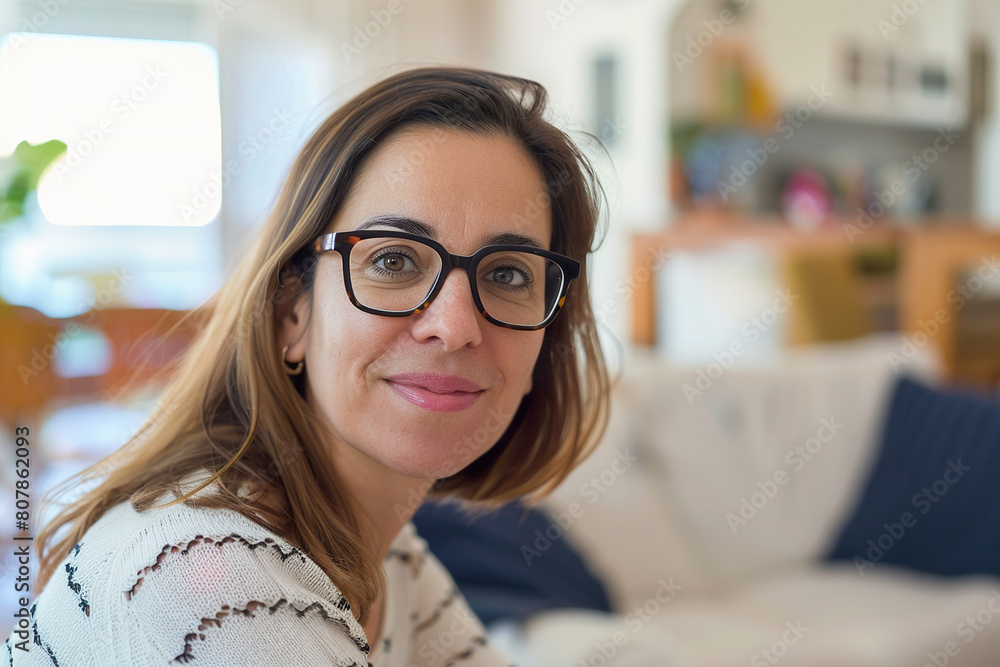 Middle-aged Woman Wearing Eyeglasses Gazing at Camera in Home Setting with Blurred Background Middle-aged Woman Wearing Eyeglasses Gazing at Camera in Home Setting with Blurred Background