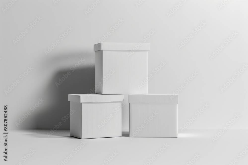 White boxes stacked on top of each other on a white surface White boxes stacked on top of each other on a white surface