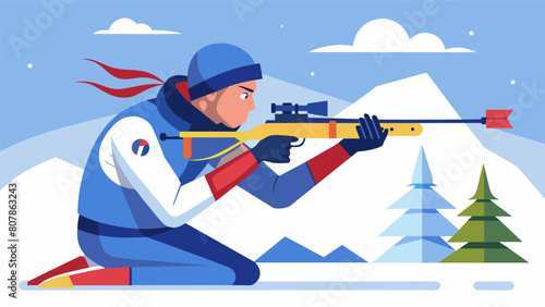 A biathlete braces themselves against the biting cold determined to hit their mark on the shooting range.. Vector illustration