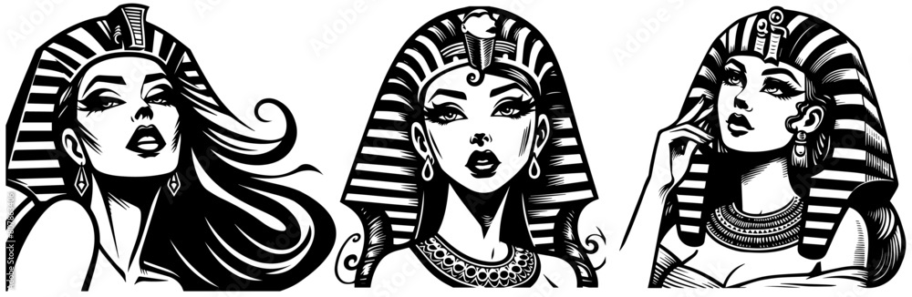 egyptian woman pharaoh cleopatra in pin up style, vintage pin-up girl showcasing classic charm and style, black silhouette on a white background