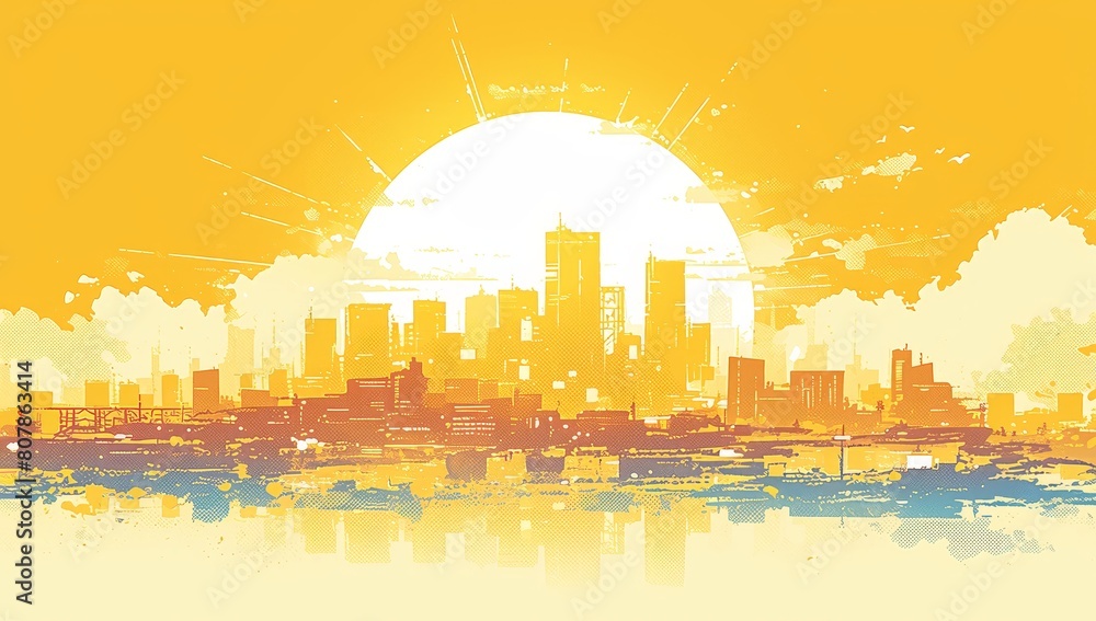 A simple comic book style city skyline with a bright sun in the background