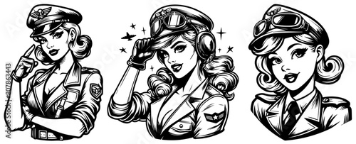 female military pilot pin up, elegant retro pin-up girl, black vector without colors, monochromatic illustration