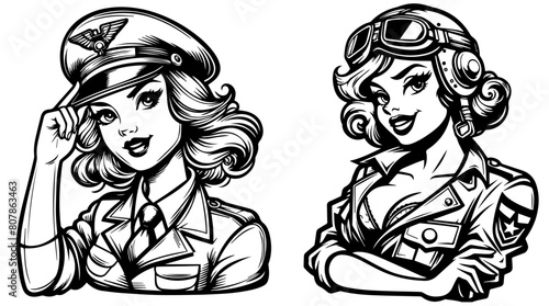 female military pilot pin up, elegant retro pin-up girl, black vector without colors, monochromatic illustration