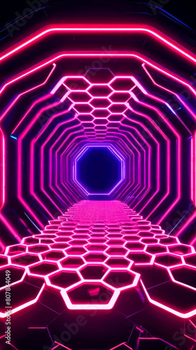 Immersive futuristic experience with vivid pink neon glowing lights in abstract vertical tunnel. Cyberpunk motion graphics concept.