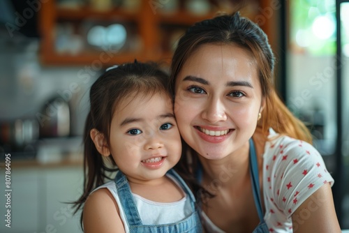 people and family concept - happy smiling girl with mother hugging on sofa at home. Beautiful simple AI generated image in 4K, unique.