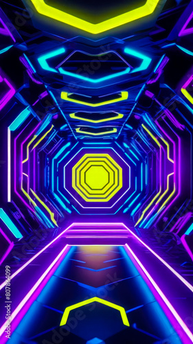 Vibrant neon-lit portal tunnel in futuristic style with yellow and violet glowing hues in style of spaceship. Cyberpunk style.