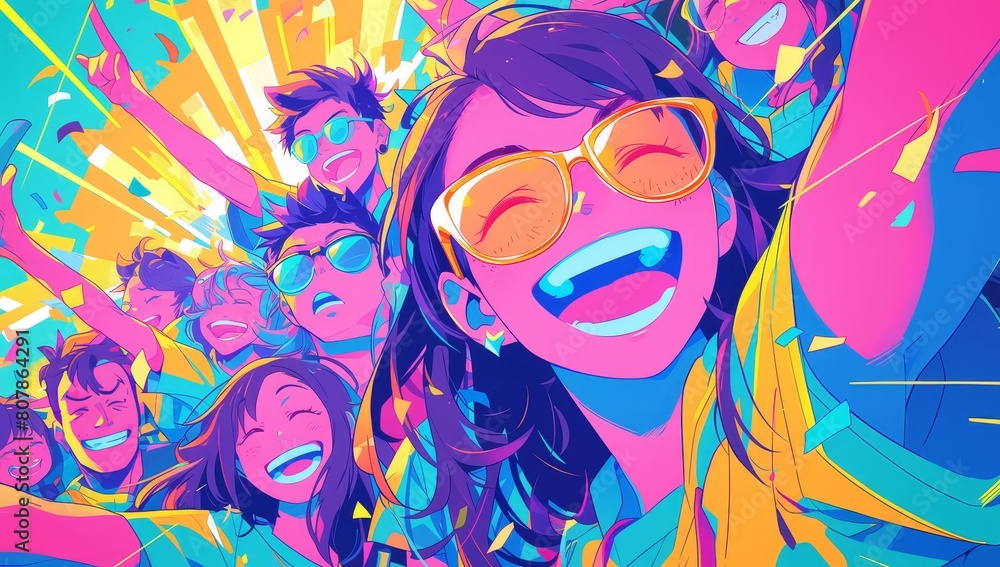 A vibrant comic book style illustration of a group selfie with happy people wearing sunglasses, laughing and cheering in the background. 