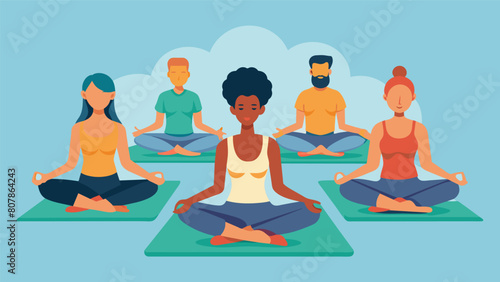 A group of participants recline on comfortable yoga mats eyes closed as they are guided through a series of restorative poses releasing tension and. Vector illustration