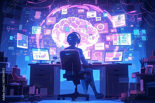 A digital artist sitting at their desk, surrounded by colorful graphics and code lines on the screen, representing AI's role in graphic design. photo