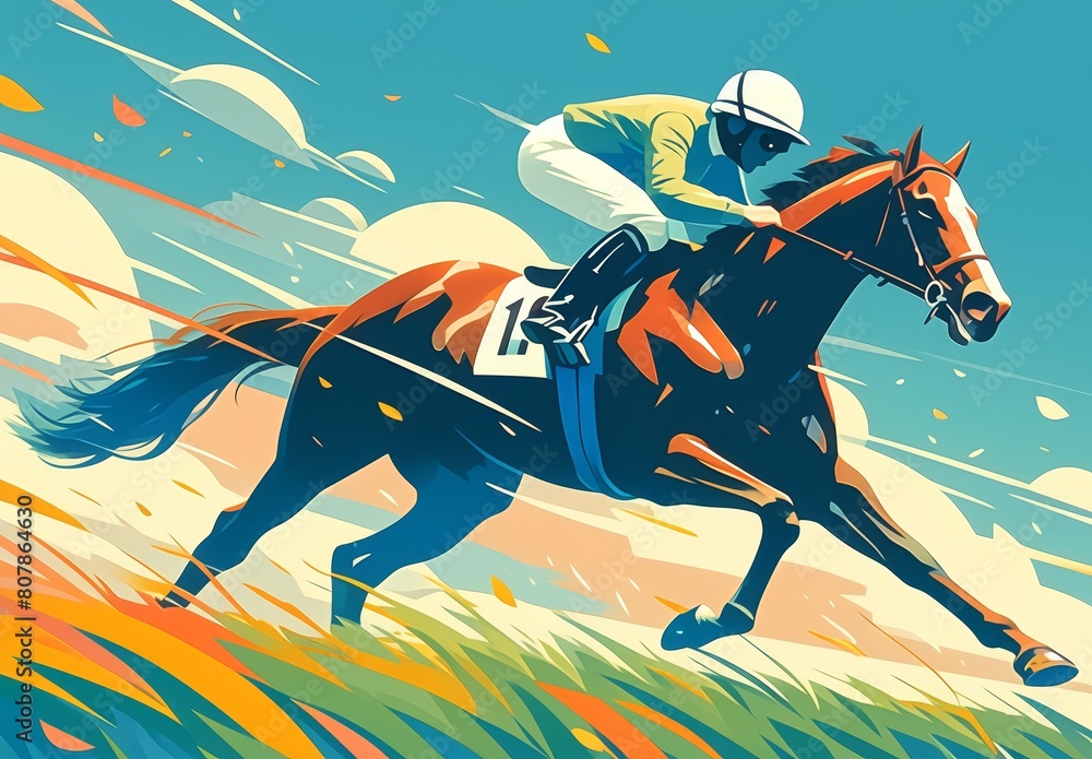 Horse racing with a retro color palette and pastel shades, showing a ...