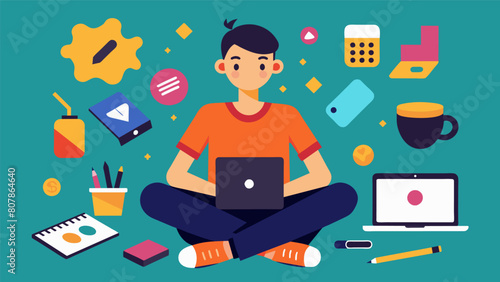 A teenager sitting on the floor surrounded by tered digital art supplies inspiration overflowing as they work on multiple pieces at once.. Vector illustration