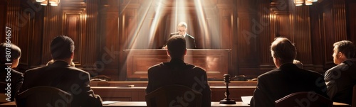 People sitting in chairs watching a man speak. Courtroom background 
 photo