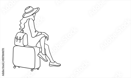 Girl travels in a hat and sits on a suitcase on white background. Continuous line art drawing isolated on white background. Vector illustration