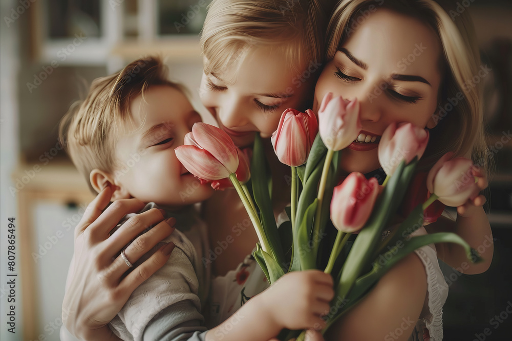 A mother hugging their son on mother's day with a bunch of flowers A mother hugging their son on mother's day with a bunch of flowers