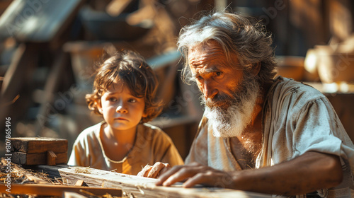 Saint Joseph and the boy Jesus Christ are engaged in carpentry. Holy Family. Christian illustration for church publications