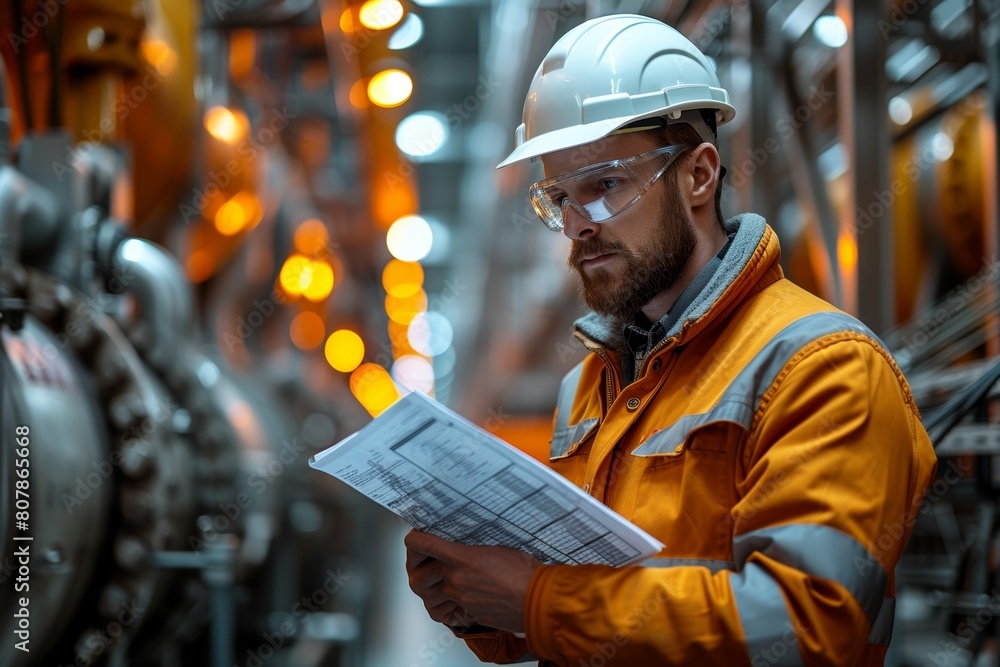 Industrial engineer wearing a helmet supervises factory operations, ensuring safety and efficiency with advanced technology. Industrial engineer wearing a helmet supervises factory operations, ensuring safety and efficiency with advanced technology.