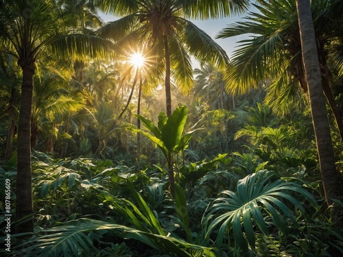 Tropical forest radiates serenity under warm glow of sun. Suns rays peek through dense canopy of towering palm trees  illuminating lush undergrowth below. Vibrant greenery basks in dappled light.