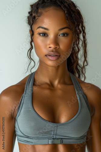 A young, fit woman in sportswear stands confidently in a studio, epitomizing a healthy lifestyle and strength.