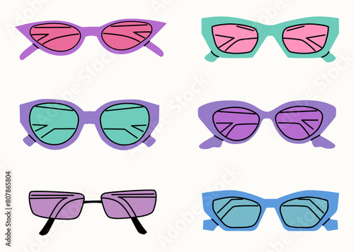 Set of different purple sunglasses. Summer sunglasses, fashionable eyeglass frames. Various shapes and styles. Hand drawn illustration isolated on white. Women's beach accessories in a modern style.