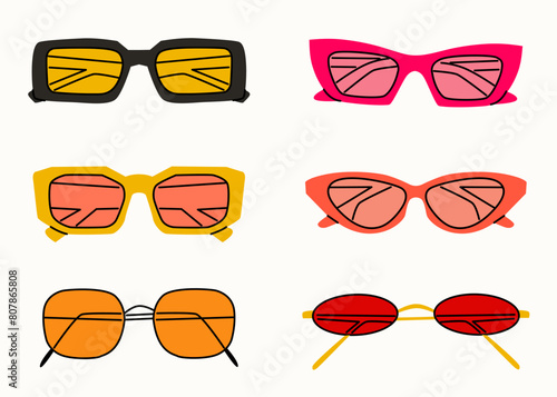 Set of various colorful sunglasses. Summer sunglasses, fashionable eyeglass frames. Various shapes and styles. Hand-drawn illustration in trendy colors. Isolated on white background