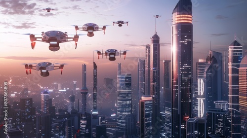A fleet of futuristic drones delivering packages in a sprawling urban landscape,illustrating the potential of autonomous aerial transportation in the digital age photo