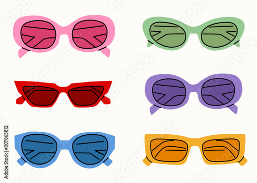 Set of various colorful sunglasses. Summer sunglasses, fashionable eyeglass frames. Various shapes and styles. Hand-drawn illustration in trendy colors. Isolated on white background
