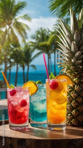 Trio of vibrant cocktails graces wooden surface against tropical backdrop. Each glass holds different colored beverage  adorned with fruits  straws.