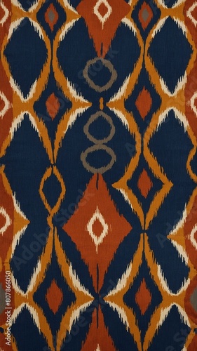 Fabric with intricate geometric pattern. Pattern, symmetrical in nature, includes shapes such as diamonds, ovals. Design uses color palette of blue, orange, accented with cream. photo