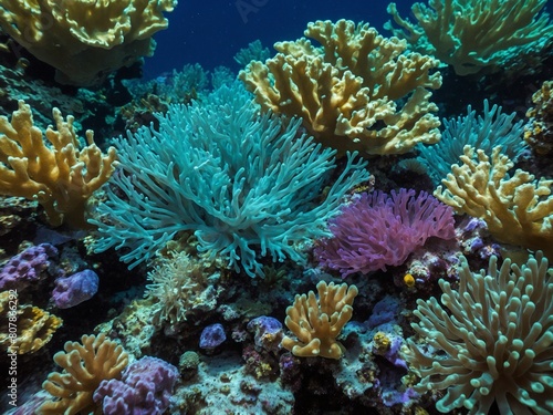 Vibrant underwater seascape comes to life with variety of coral formations. These formations, in hues of yellow, blue, purple, thrive on ocean floor. Bathed in natural light filtering through water.