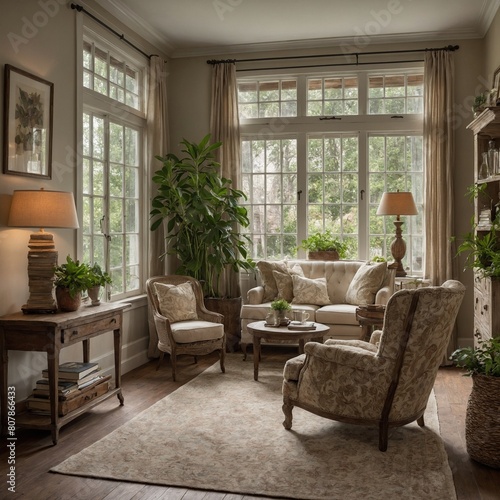 Cozy, well-lit living room beckons for relaxation. Plush seating, variety of plants situated by large windows with sheer curtains. Room tastefully decorated with small wooden table, elegant lamps,. © Tamazina