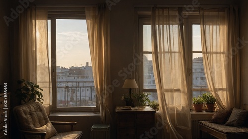 Room bathes in warm glow of setting sun  filtering through sheer curtains. Windows overlook cityscape  suggesting urban setting. Interior adorned with vintage furniture  creating cozy atmosphere.