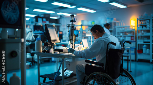 Wheelchair-bound scientist analyzing data in a modern medical research laboratory
