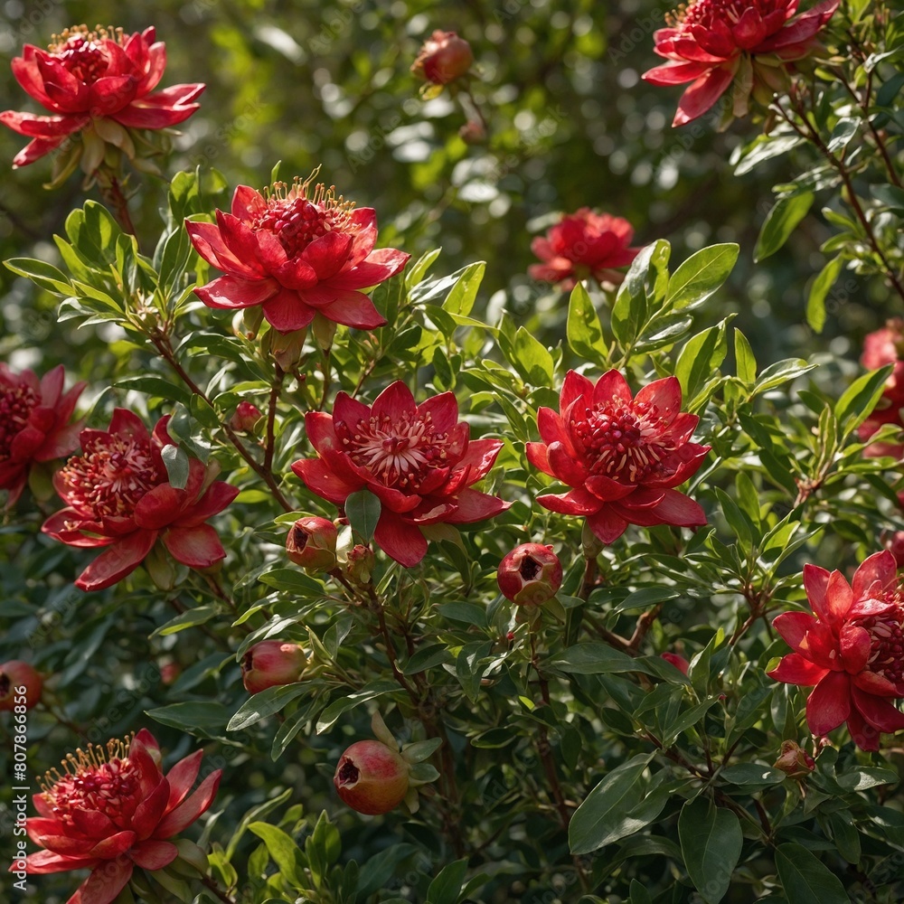Vibrant display of red flowers takes center stage, surrounded by lush green leaves under warm sunlight. These flowers at various stages of bloom, from budding to full bloom.