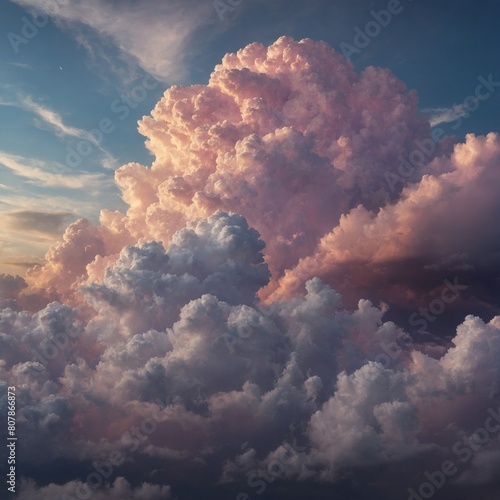 Towering cumulus cloud commands sky, bathed in hues of pink, orange from setting, rising sun, creating atmosphere that both dramatic, ethereal. Clouds colossal presence awe-inspiring yet serene.