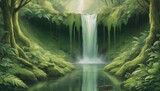 A waterfall amidst lush greenery with gradients of