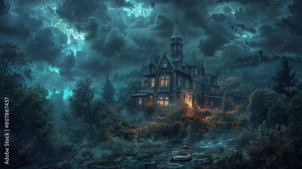 gothic horror mansion on a hill, stormy night setting gothic horror mansion on a hill, stormy night setting