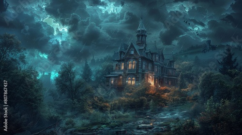 gothic horror mansion on a hill, stormy night setting