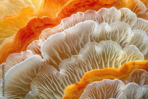 A close up of a mushroom with orange and white colors. The mushroom has a unique and intricate pattern, with its orange and white colors blending together to create a beautiful and eye-catching design