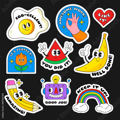 Colorful happy school stickers set for kids. Egg, hand, heart, flower, watermelon, banana, pencil, robot and rainbow. Collection of trendy retro cartoon stickers.