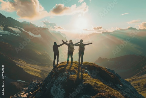 happy man raising his arms jumps to the top of the mountain - a successful mountain climber celebrates his success on the cliff. Beautiful simple AI generated image in 4K, unique. © ArtSpree